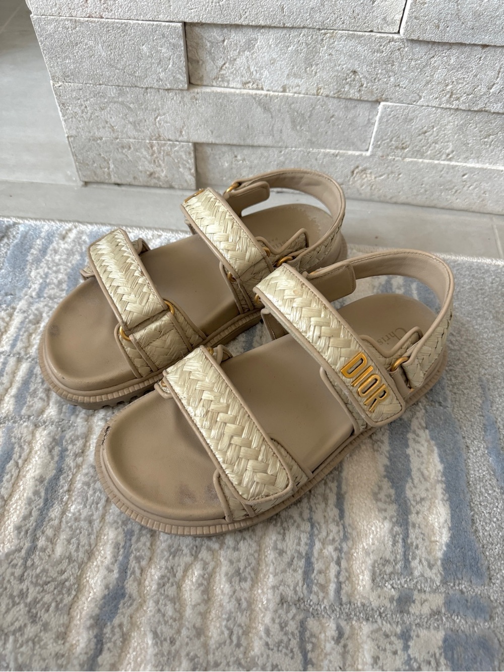 Dior Beige Woven Raffia Strap Dad Sandals Gold Logo & Hardware - DiorAct Sandal
